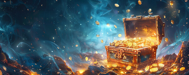 An open treasure chest overflowing with gleaming gold coins set against an ethereal fantasy...