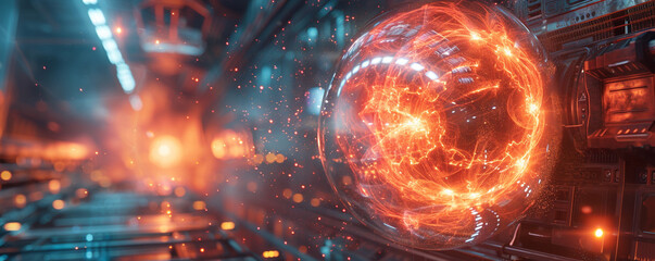 An ultra realistic image of a futuristic energy sphere harnessing the chaotic beauty of fusion reactions glowing intensely in the heart of a high tech laboratory