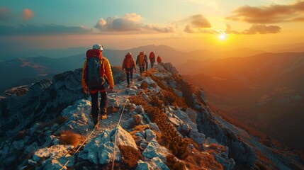 Group hiking up mountain at sunset, enjoying breathtaking natural landscape - obrazy, fototapety, plakaty