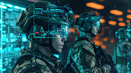 Fototapeta na wymiar Elite soldiers in a high tech warzone using HUD equipped helmets to receive strategic commands and real time data enhancing their tactical advantage