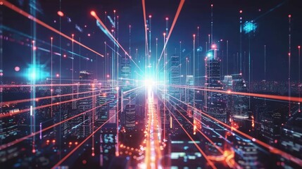 Data transfer visualized as light beams shooting across a high tech cityscape