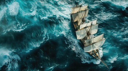 Drone captures historic tall ship cutting through ocean waves sails billowing a journey through time