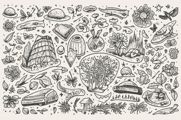 Graphic hand drawn collection of cottage core illustrations in doodle style. Small houses, sunflowers, hats, boots, bees, herbs, all elements suitable for coloring, black lines