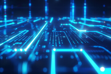 Futuristic abstract background featuring glowing blue neon circuits symbolizing the pulse of technology in a digital era