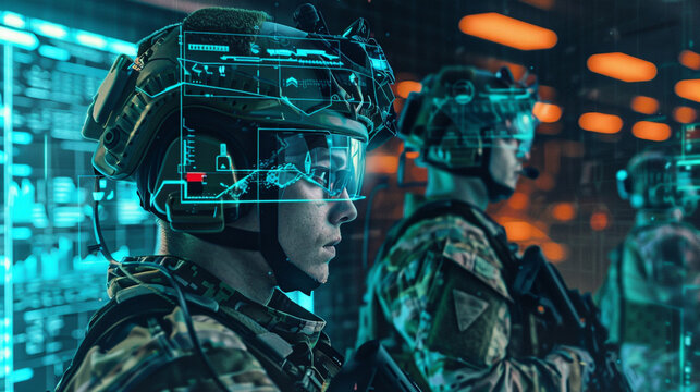 Elite soldiers in a high tech warzone using HUD equipped helmets to receive strategic commands and real time data enhancing their tactical advantage
