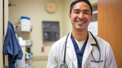 Upbeat male healthcare professional showcasing a reassuring smile and confidence in bright sanitized medical setting
