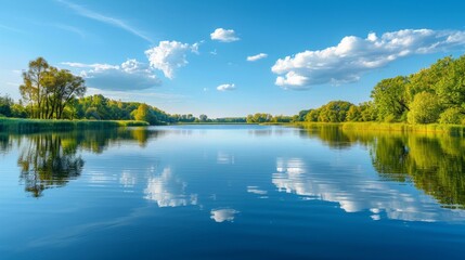 Obraz premium A minimalist composition of a tranquil lake, with calm waters reflecting the surrounding trees