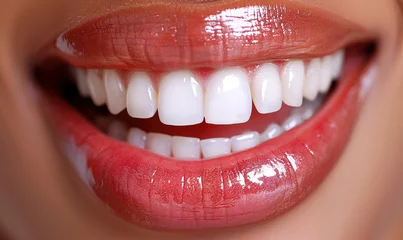 Fotobehang Closeup Of Beautiful Smile With White Teeth. Woman Mouth. © Falk