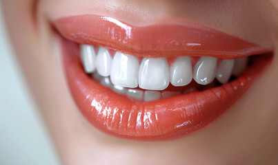 Closeup Of Beautiful Smile With White Teeth. Woman Mouth. - obrazy, fototapety, plakaty