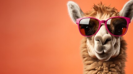 Cheerful camel wearing trendy sunglasses, standing on orange backdrop with ample space for text