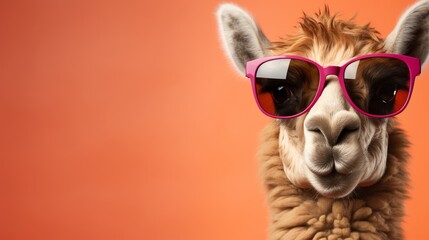 Fototapeta premium Cheerful camel wearing trendy sunglasses, standing on orange backdrop with ample space for text