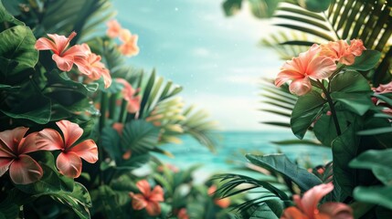 A minimalist composition of a tropical paradise, with lush greenery, exotic flowers