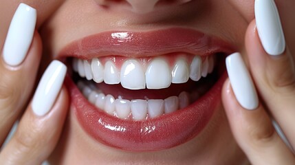 Closeup Of Beautiful Smile With White Teeth. Woman Mouth. - obrazy, fototapety, plakaty