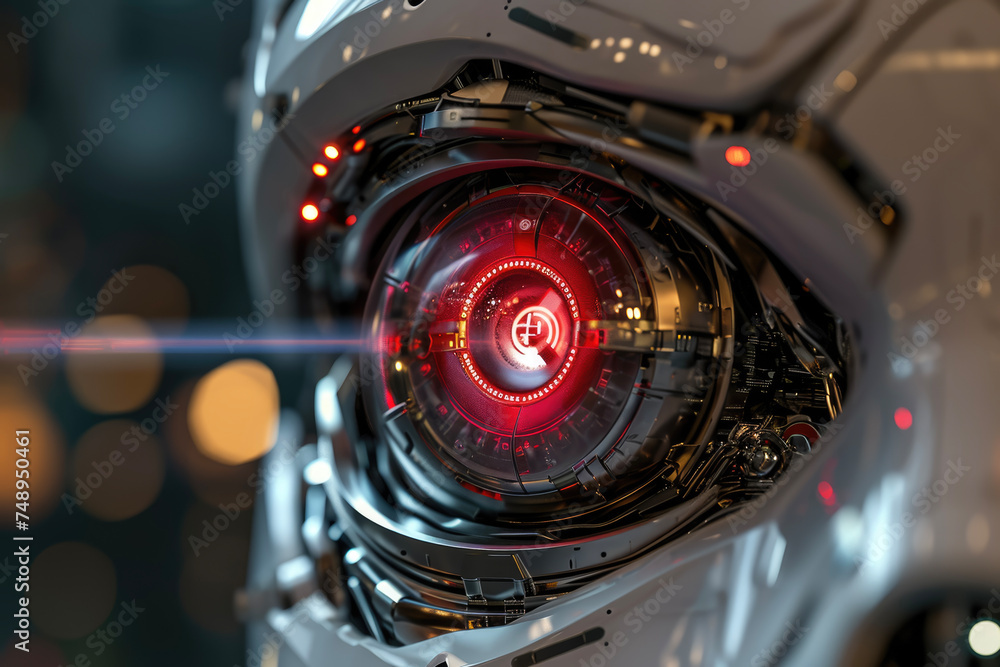Poster a robot eye with a red iris and a scan line