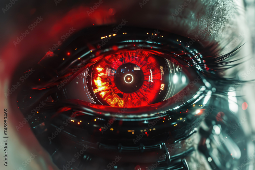 Poster a robot eye with a red iris and a scan line