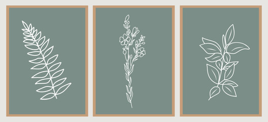Fototapeta na wymiar Set of abstract botanical line art drawings in modern sage green colors. Trendy greenery, tiny wild flowers and leaves hand drawn sketches collection. Logo, tattoo, wall art vector design.