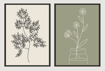 Set of abstract botanical line art drawings in modern sage green colors. Trendy greenery, tiny wild flowers and leaves hand drawn sketches collection. Logo, tattoo, wall art vector design.