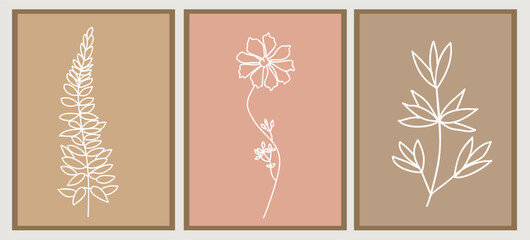 Set of abstract botanical line art drawings in modern terracotta pink colors. Trendy greenery, tiny wild flowers and leaves hand drawn sketches collection. Logo, tattoo, wall art vector design.