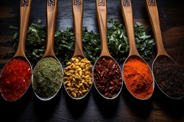 Assorted spices on wooden spoons for cooking. Film style high quality top view image of ingredients