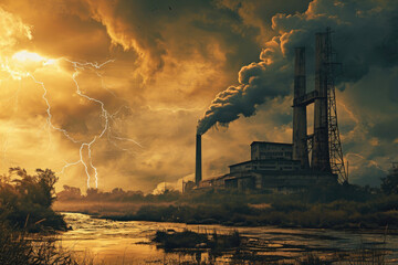 A power plant with a smokestack and a lightning
