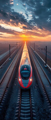 High-speed train on the countryside viewed from a drone soaring above - obrazy, fototapety, plakaty