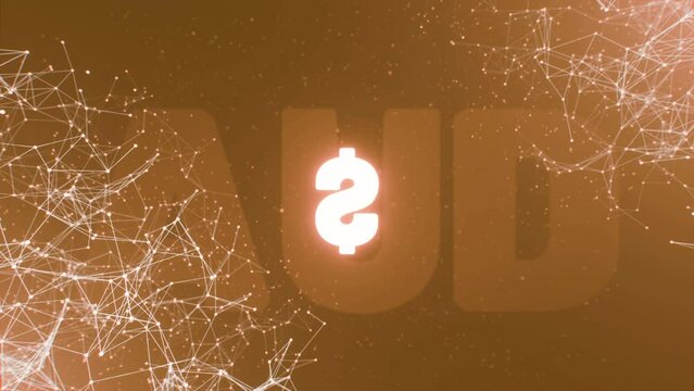 Moving lines and AUD currency symbol. Rotating glowing Australian Dollar sign