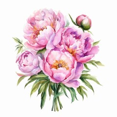 Beautiful bright bouquet of watercolor peonies on white background, Generative AI