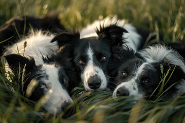 Fototapeta premium Three Border Collies in Harmony, Embracing Friendship on Lush Green - Generative AI
