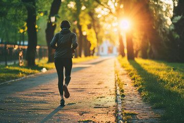 A person jogging in a park with headphones and a water bottle