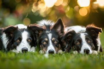 Fototapeta premium Three Border Collies in Harmony, Embracing Friendship on Lush Green - Generative AI
