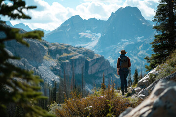 A person hiking in the mountains and enjoying the view