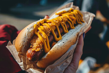 A person eating a hot dog with a bun and a mustard - obrazy, fototapety, plakaty
