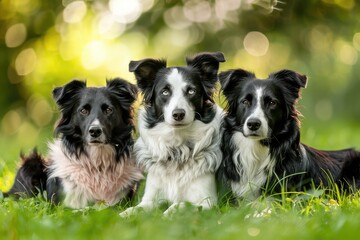 Fototapeta premium Three Border Collies in Harmony, Embracing Friendship on Lush Green - Generative AI