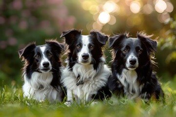 Fototapeta premium Three Border Collies in Harmony, Embracing Friendship on Lush Green - Generative AI