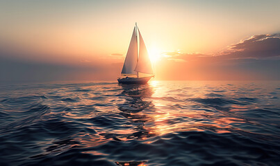 Small boat sailing at sunset - obrazy, fototapety, plakaty