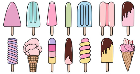 Set of tasty ice creams clipart. Sweet summer delicacy ice-cream and popsicles illustrations with different tastiest. - 748951065