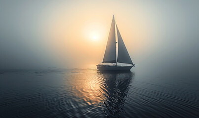 Sail boat in Misty water - obrazy, fototapety, plakaty