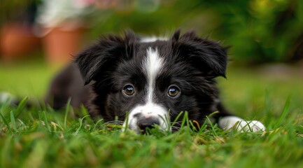 Fototapeta premium Charming Border Collie Puppy Amidst a Whimsical Garden Glow - Generative AI