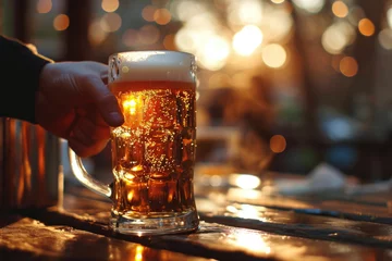 Foto op Canvas A person drinking a glass of beer with a foam and a mug © Formoney