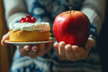 A person choosing an apple over a cake with a willpower and a health - obrazy, fototapety, plakaty