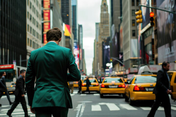 A businessman in a green suit walking down a busy city street with a cell phone in hand