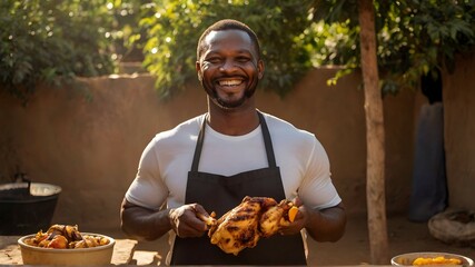 African man raising a grilled chicken on the dish with smile and happy