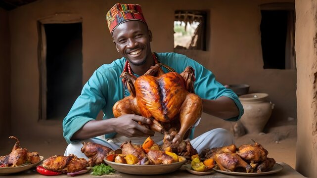 The vibrant colors of Africa come to life in this image, as a man proudly displays his perfectly cooked chicken, a symbol of his skill and heritage.