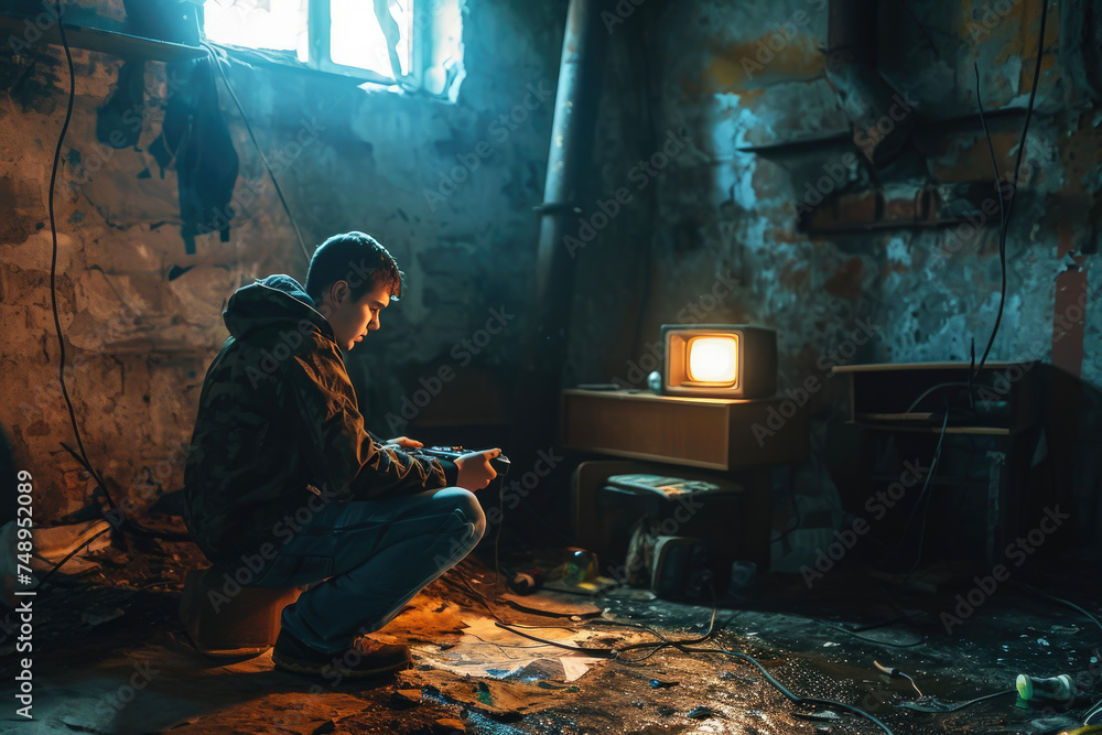 Poster a man playing video games in a basement with a console and a controller