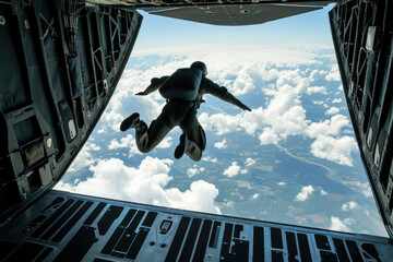 A man skydiving from a plane with a parachute