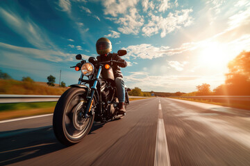 Fototapeta na wymiar A man riding a motorcycle on a highway with a helmet and sunglasses