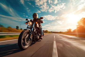 Foto op Plexiglas A man riding a motorcycle on a highway with a helmet and sunglasses © Formoney