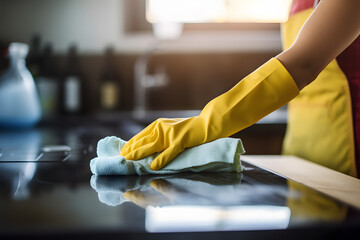 Close up of woman's hand in gloves cleaning kitchen with blue cloth - obrazy, fototapety, plakaty