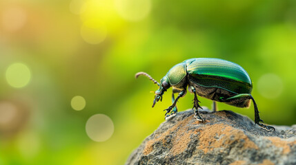 Besouro verde em uma pedra no jardim. Fotografia macro de inseto. - obrazy, fototapety, plakaty