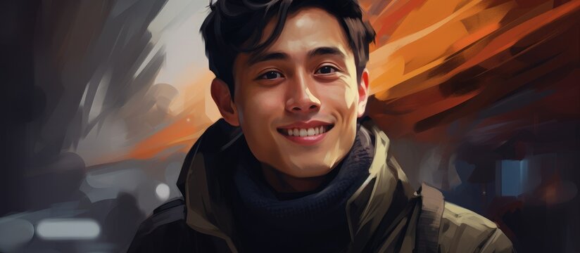 A close-up digital painting of a young man with a warm smile, dressed in a stylish turtleneck, making eye contact with the viewer.